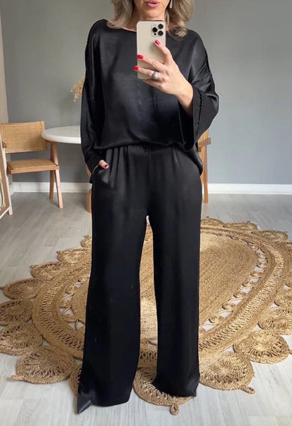 Versatile Satin Casual Long Sleeve Relax Fit Set Black