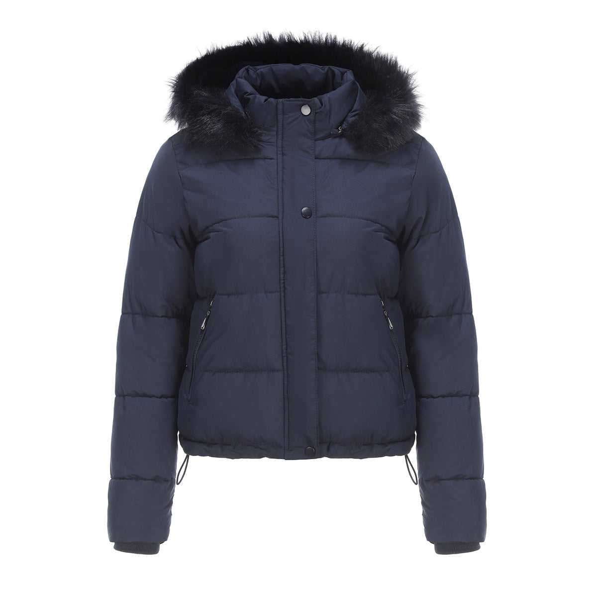 Long Sleeves Cotton Padded Hooded Jacket Navy Blue