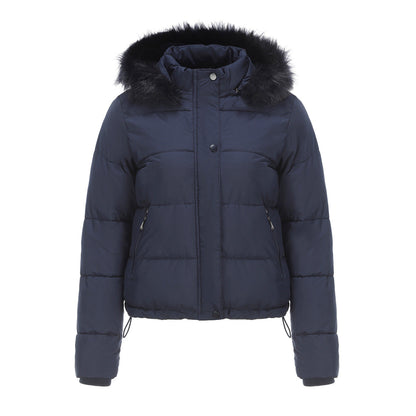 Long Sleeves Cotton Padded Hooded Jacket Navy Blue