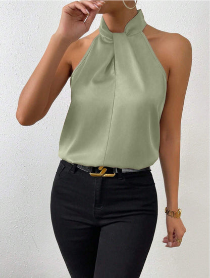 Satin Halter Sleeveless Vest Top Light Green