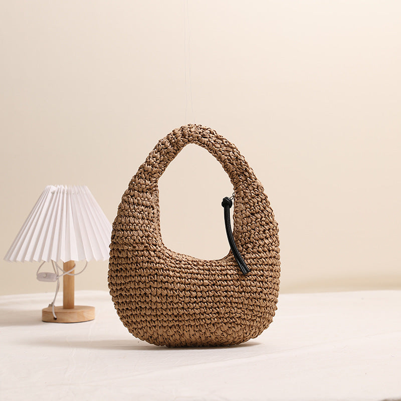 Chic Cute Versatile Handbag Hand Made with Natural Fibers One Size Moon Tassel Coffee