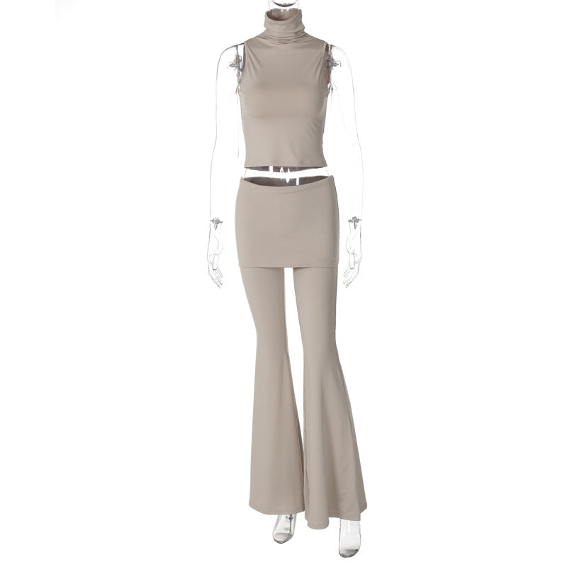 Sleeveless Top & Slim Fit High Waist Flared Pants Set Khaki