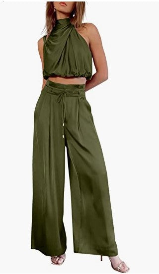 Sleeveless Collar Two Piece Sets Army Green