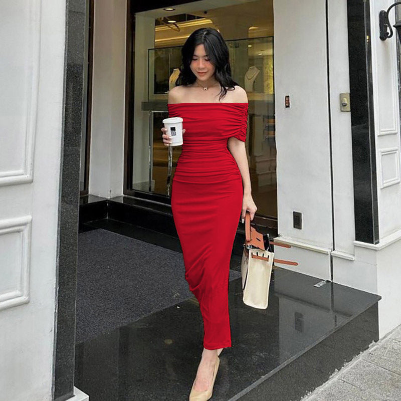 Spring Off Shoulder Pleated Dress Slim Fit Slimming Slit Bottoming Formal Dress Red