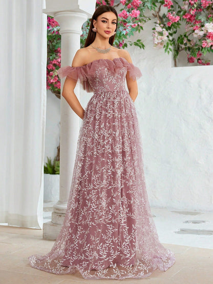 Off Shoulder Evening Dress Birthday Party Cocktail Formal Dress Pink