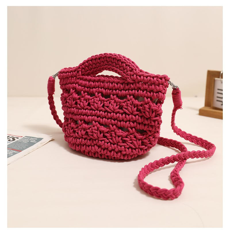 Crossbody Rope Cotton Thread Woven Bag Crochet One Size Colorful Crossbody Cotton Thread Rose Red without Lining