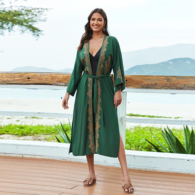 Green Rayon Embroidered Beach Cover up Sexy Embroidery Holiday Sun Protection Shirt Beach Cover Up One Size Green