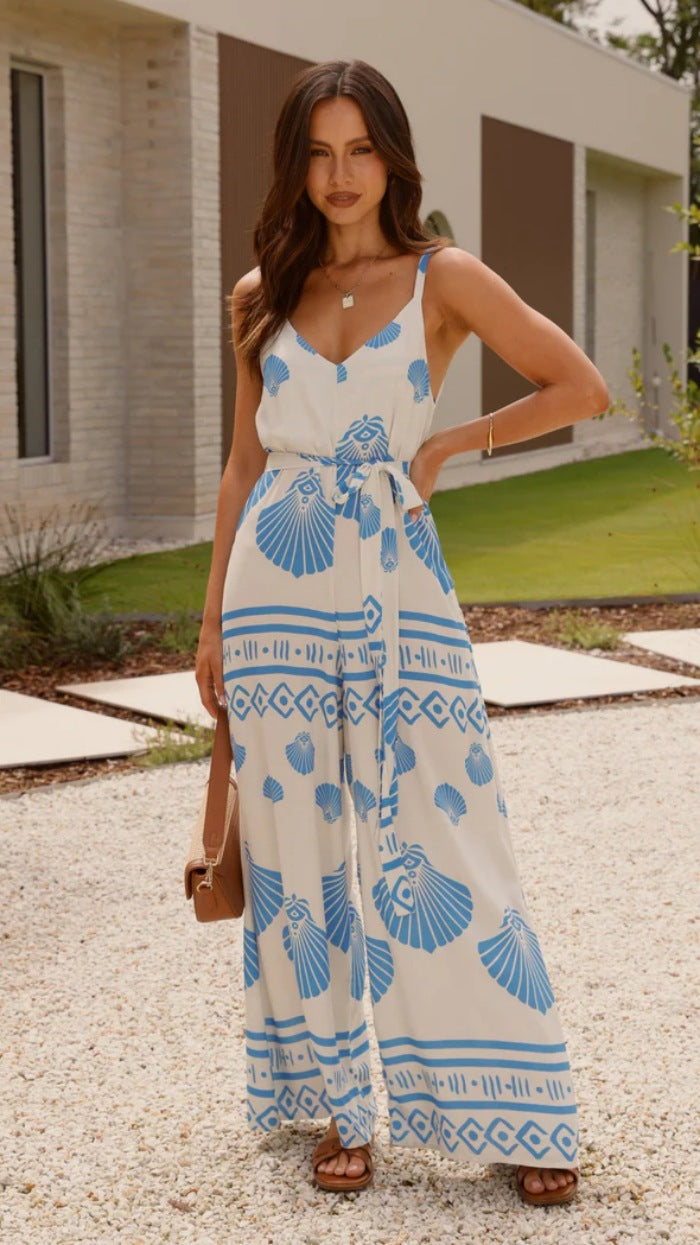 Summer Positioning Printed V neck Lace up Wide Leg Straight Sling Jumpsuit Blue