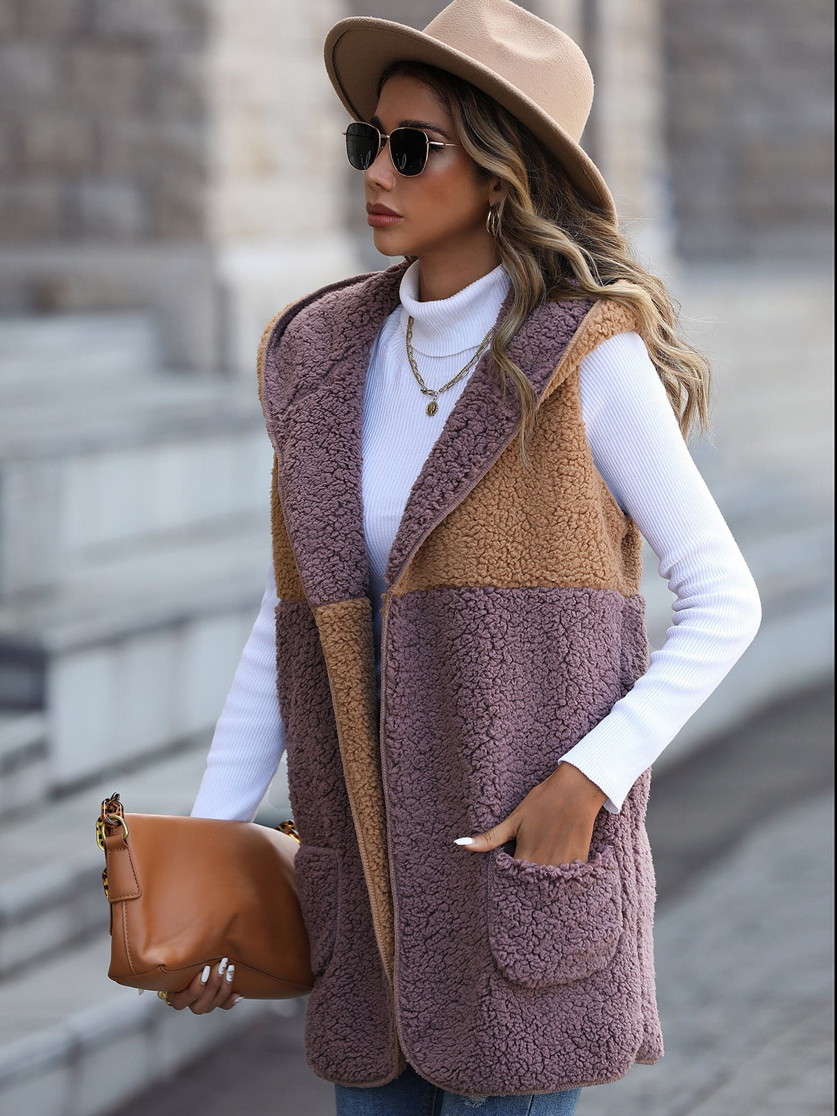 Velvet Hooded Sleeveless Vests Coffee Purple