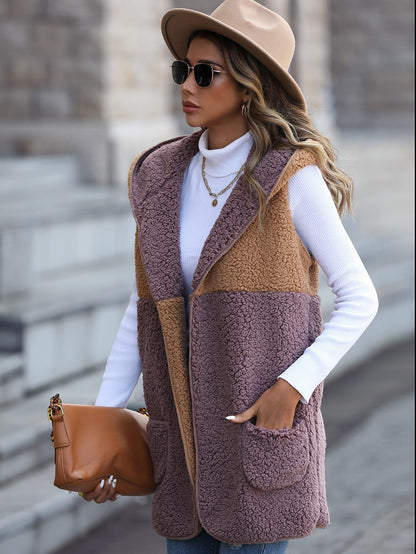 Velvet Hooded Sleeveless Vests Coffee Purple