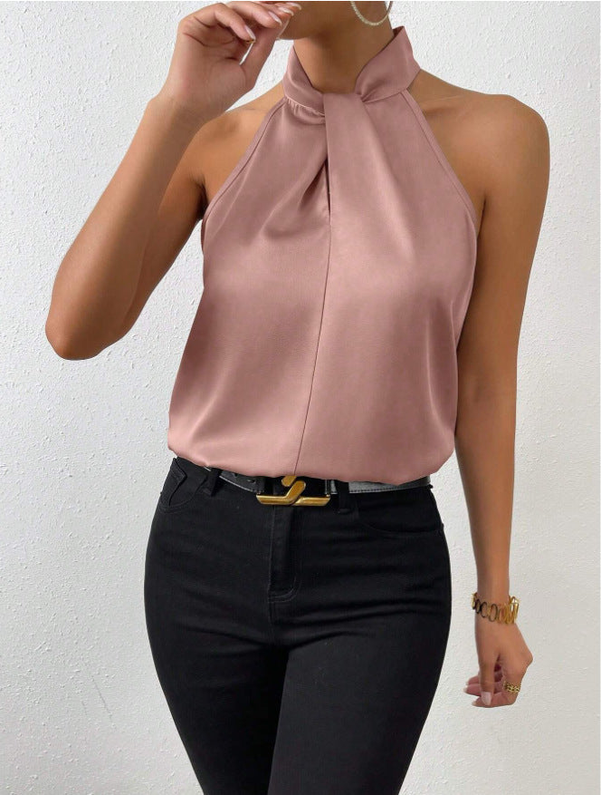Satin Halter Sleeveless Vest Top Khaki