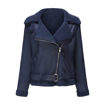 Vegan Leather Shearling Jacket Navy Blue