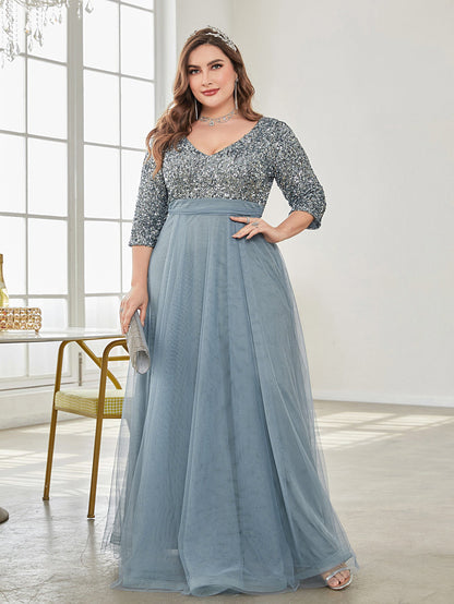 Plus Size V Neck Short Sleeve Sequined Tulle A line Evening Dress Party Dress Light Blue