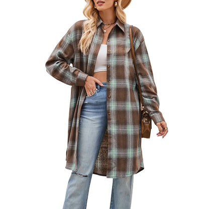 Plaid Loose Coat Shirt Brown Green