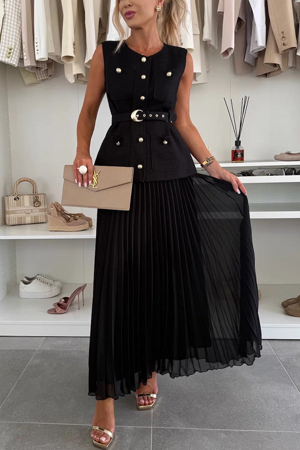 Clidress Camellia Vest & Mesh Pleated Skirt Set