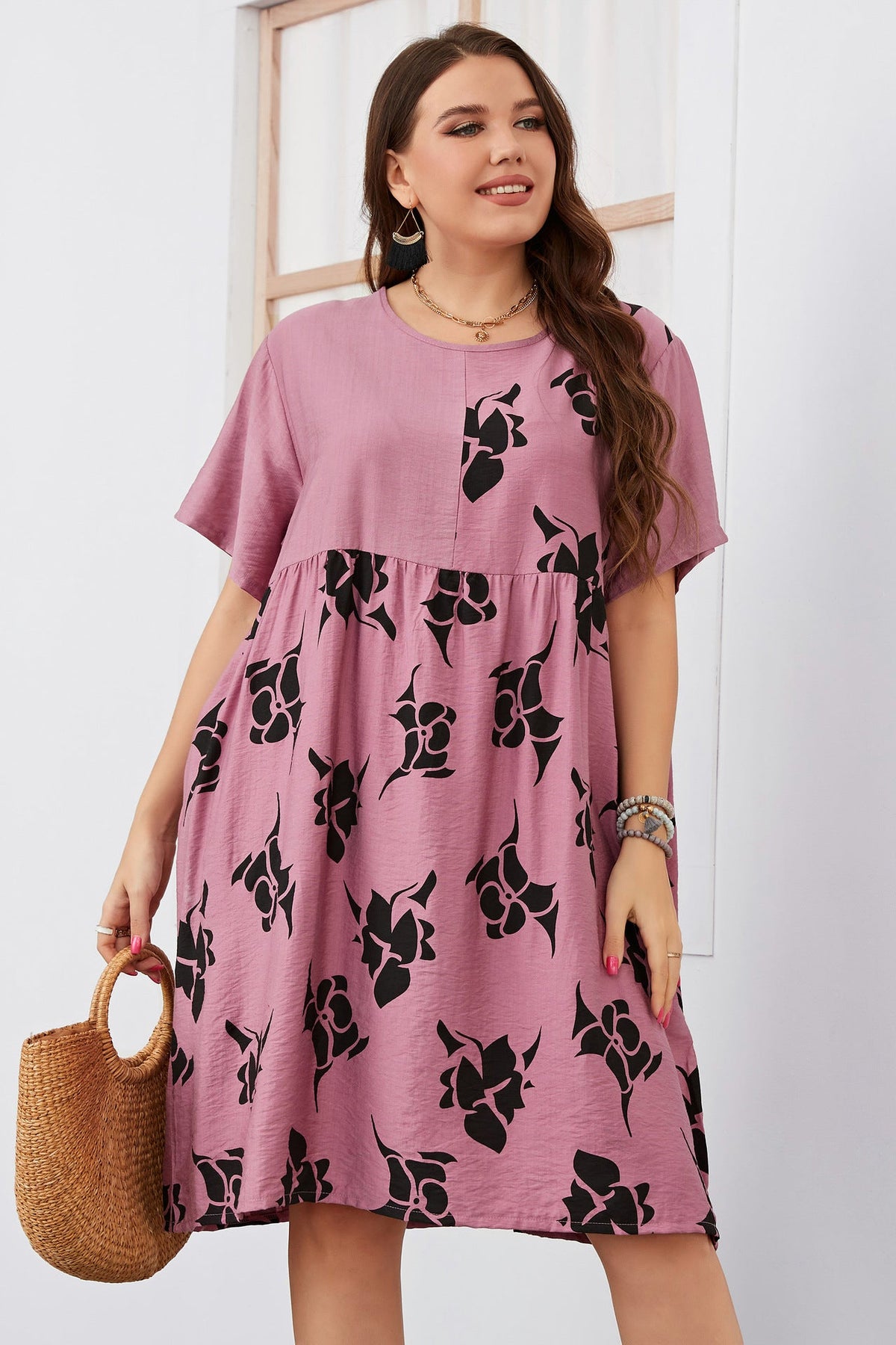Plus Size Midi Casual Dress Pink