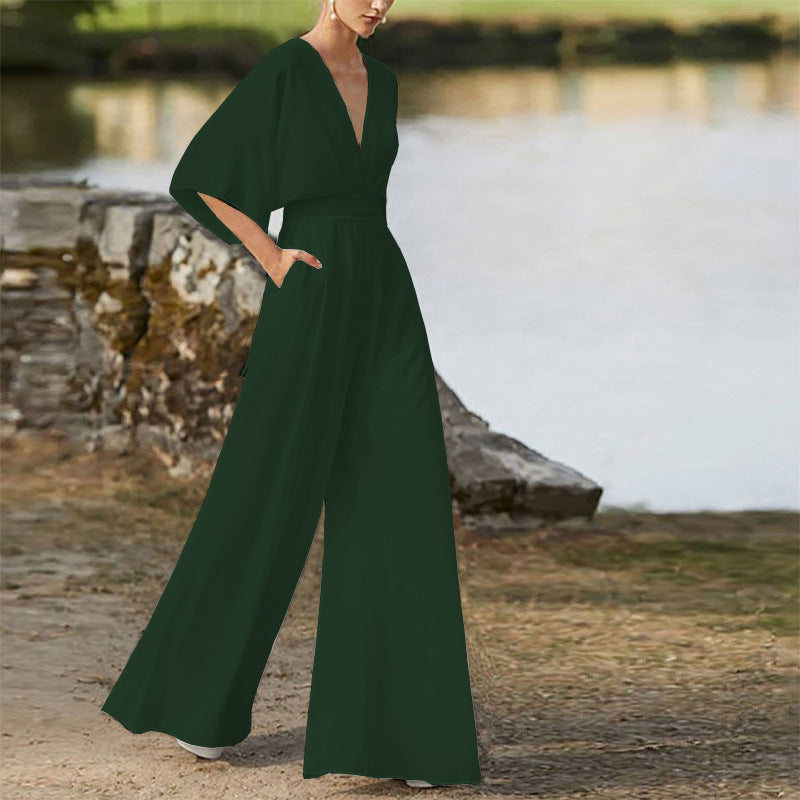 Deep V Plunge High Waist Wide Leg Trousers blackish green
