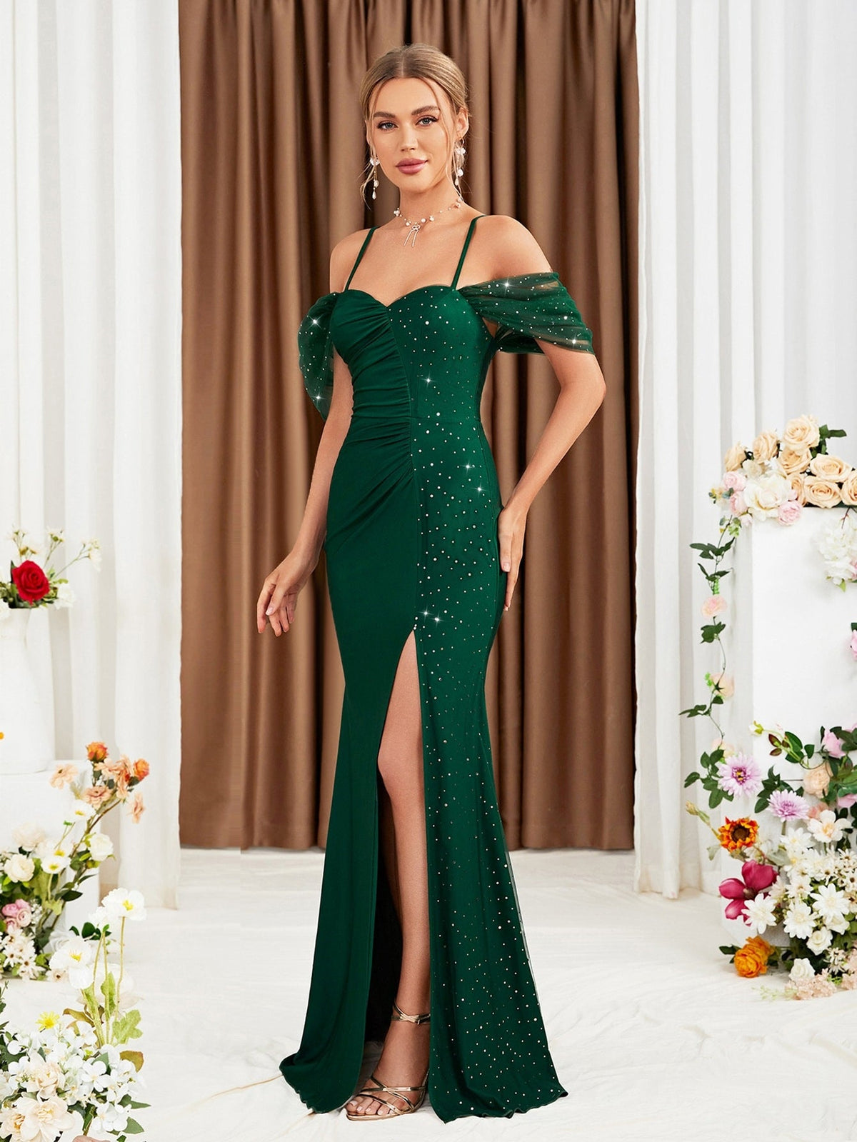 Off Shoulder Spaghetti Straps Evening Dress Slit Gown Green