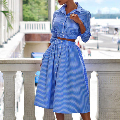 Casual Stylish Long Sleeves Striped Shirt Set Blue