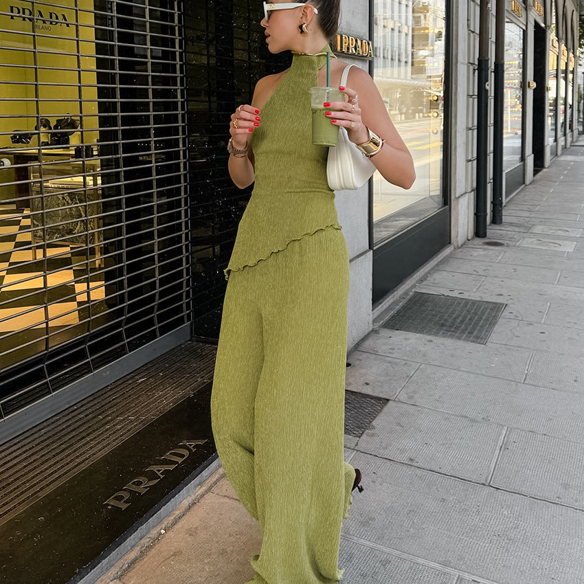 Green Sleeveless Halter Wide Leg Pants Set