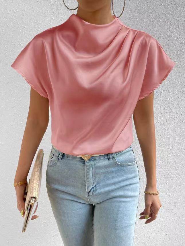 Round Neck Short Sleeve Pleated Top Pink