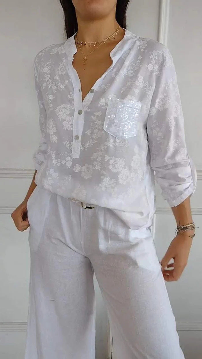 Spring Loose Casual Long Sleeves Printed Sequined Pocket Shirt White