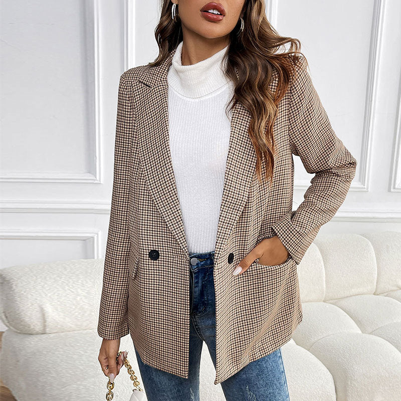 Autumn One Button Houndstooth Blazer Khaki