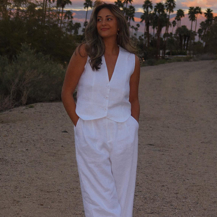 Cotton Linen Sleeveless Vest Two Piece Set