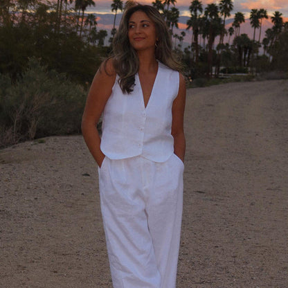 Cotton Linen Sleeveless Vest Two Piece Set