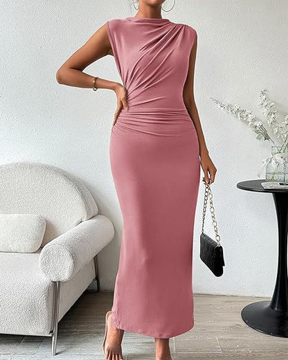 Sleeveless Back Slit Pleated Tight Dress Pink