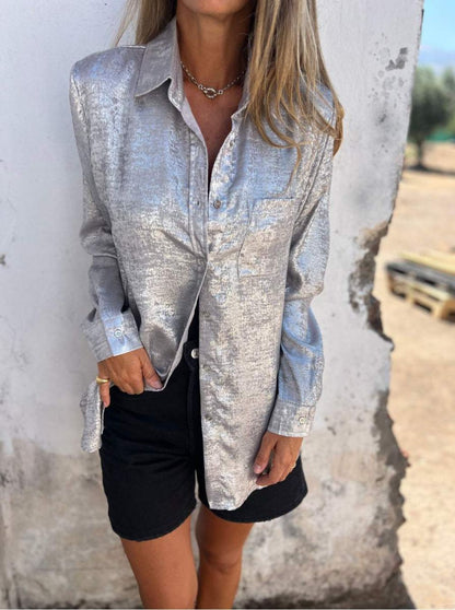 Casual Suede Polo Collar Shirt Silver