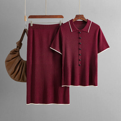 Elegant Knitted Skirt Set with Polo Collar One Size Burgundy