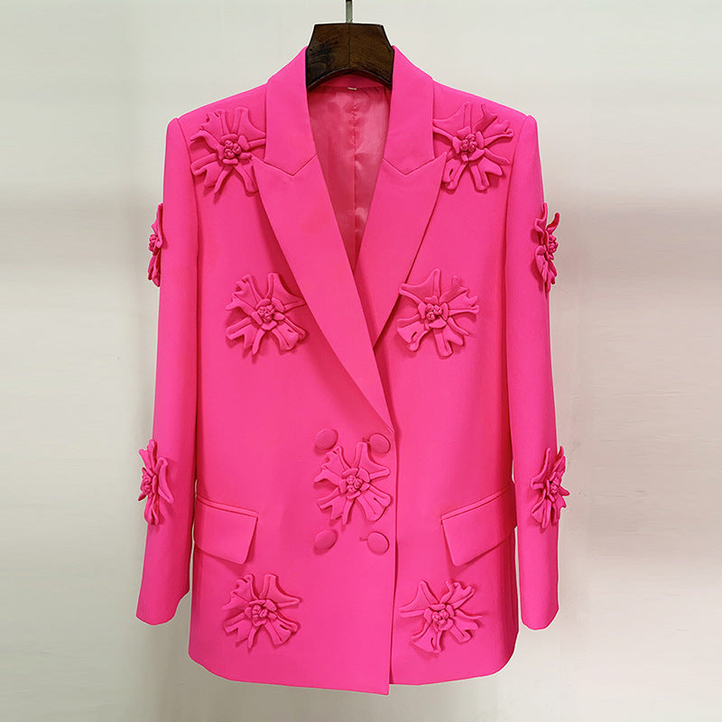 Double Breasted Heavy Industry Three-Dimensional Floral Decorative 3D Rose Blazer Pink