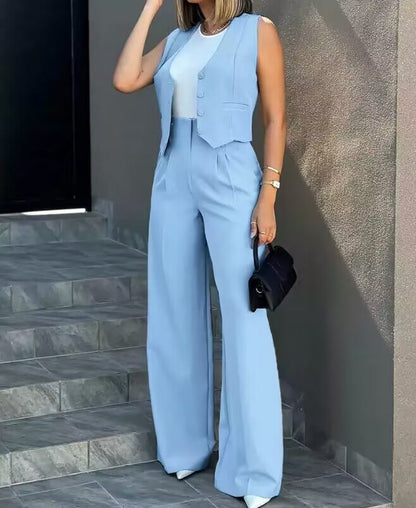 Wide Leg Pants Casual Set skyblue