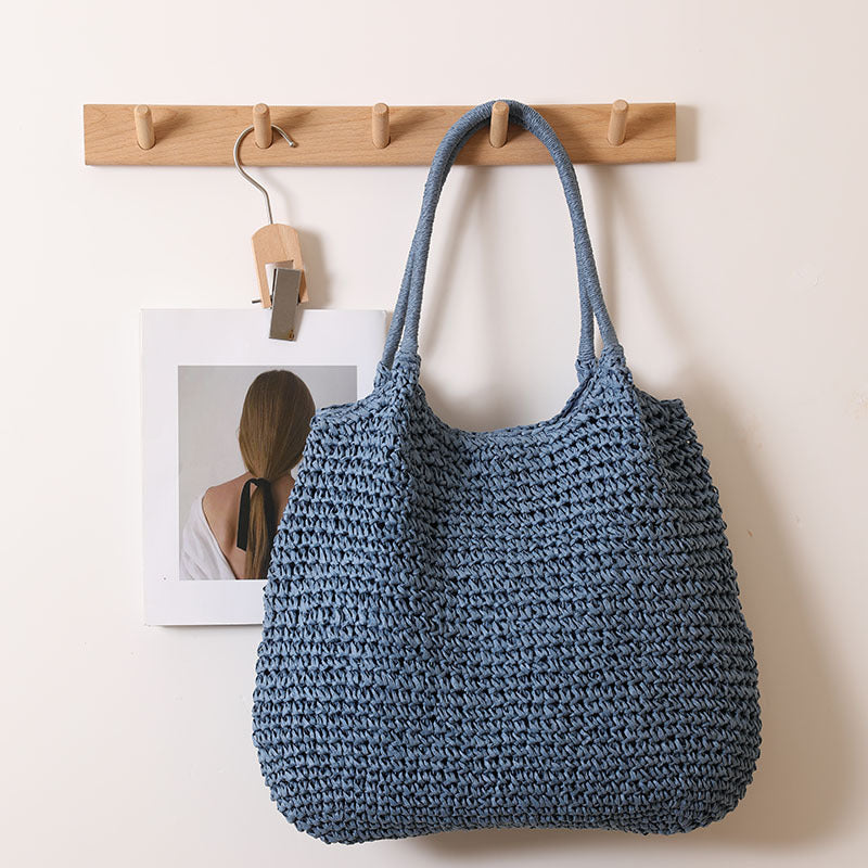 Large Capacity Tote Straw Bag Casual Shoulder Woven Bag One Size Big One-Shoulder Knitted Blue