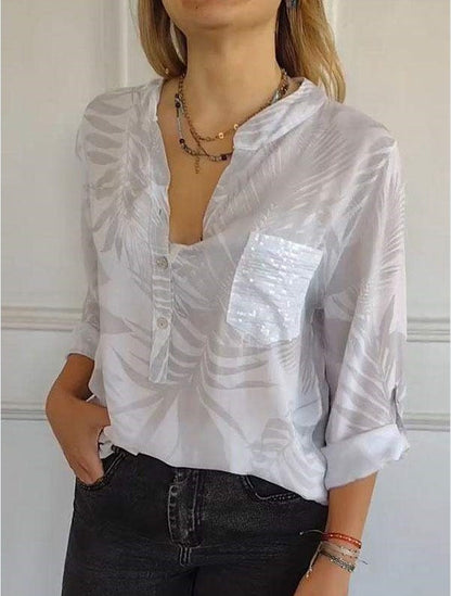 Versatile Design V neck Printed Top White