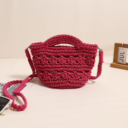 Crossbody Rope Cotton Thread Woven Bag Crochet One Size Colorful Crossbody Cotton Thread Rose Red with Lining