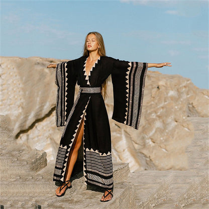 Polyester Printed Beach Cover-up Sexy Cardigan Loose plus Size Sun Protection Shirt Beach Cover Up One Size Black