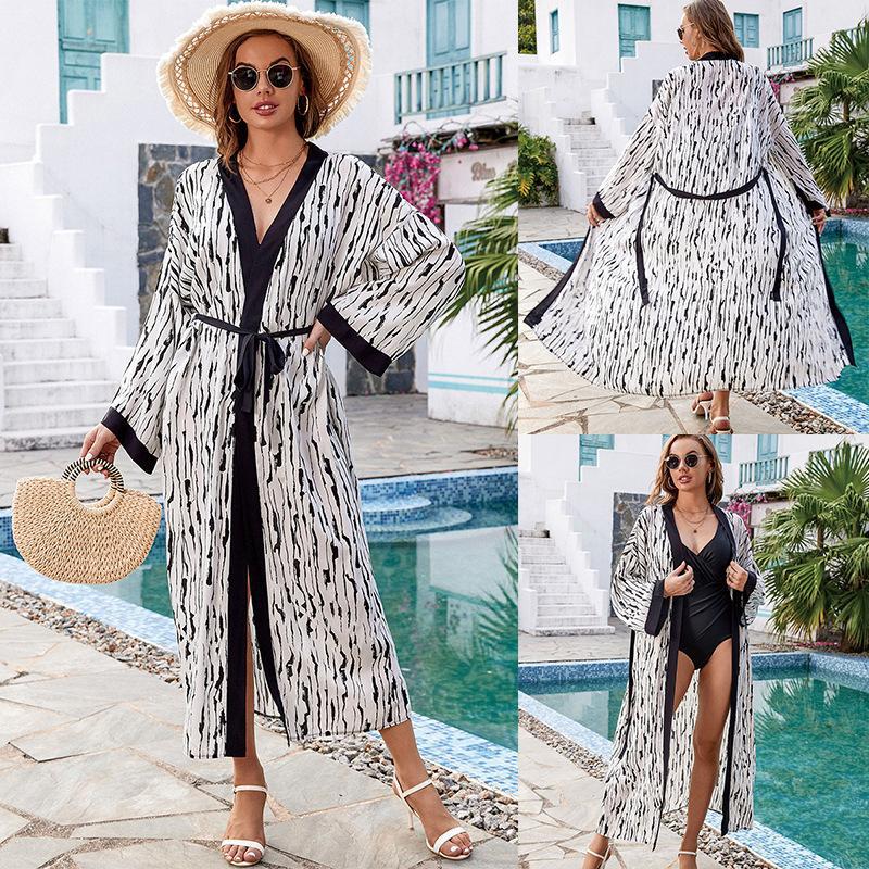 Black Edged Rayon Printed Beach Cover Up Sexy Cardigan Loose Bikini Cover One Size White Black Line