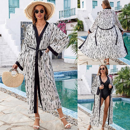 Black Edged Rayon Printed Beach Cover Up Sexy Cardigan Loose Bikini Cover One Size White Black Line