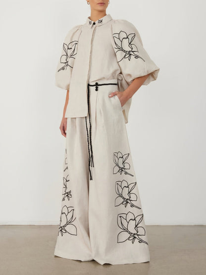 Floral Embroidered Wide Leg Pants Set Khaki