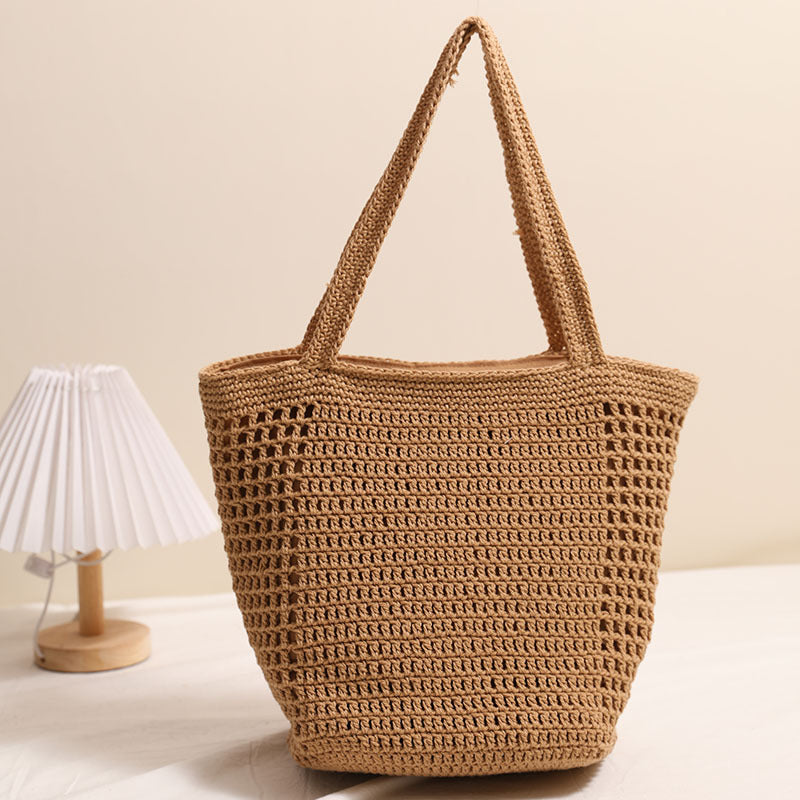 Cotton Thread Woven Bag Shoulder Natural One Size Coffee