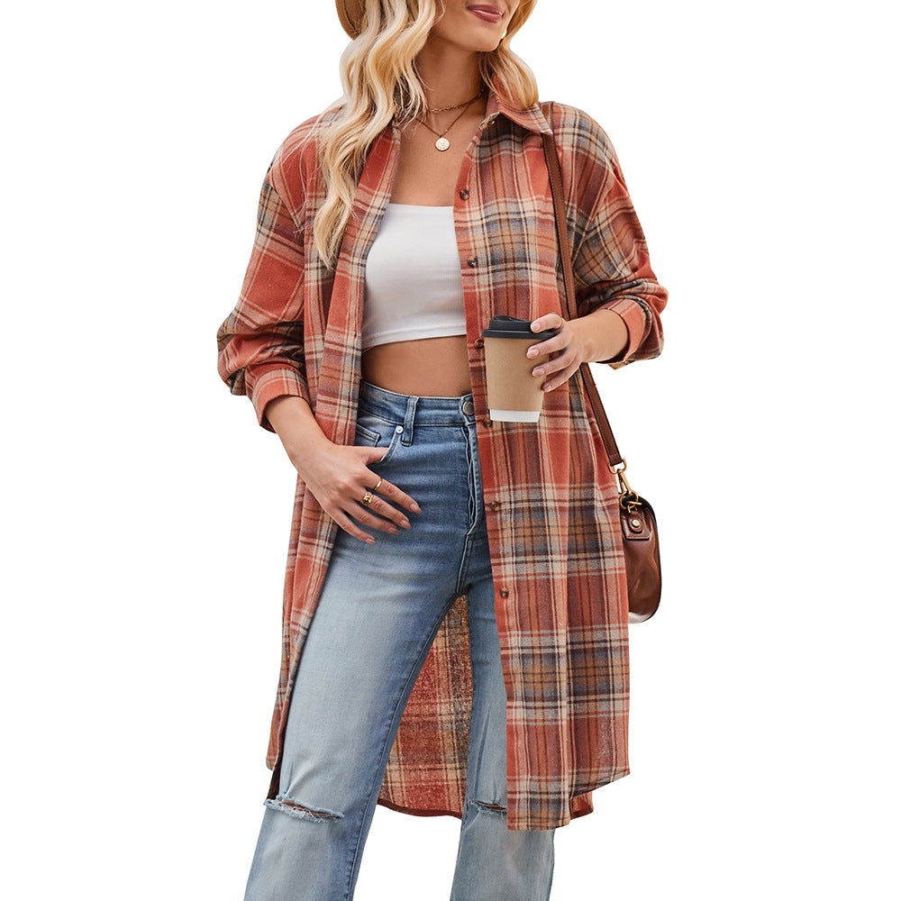 Plaid Loose Coat Shirt Brown