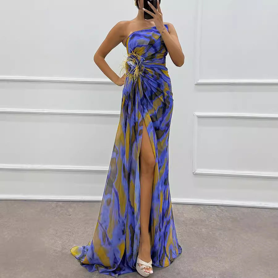 Printed Wedding Guest Dress Blue