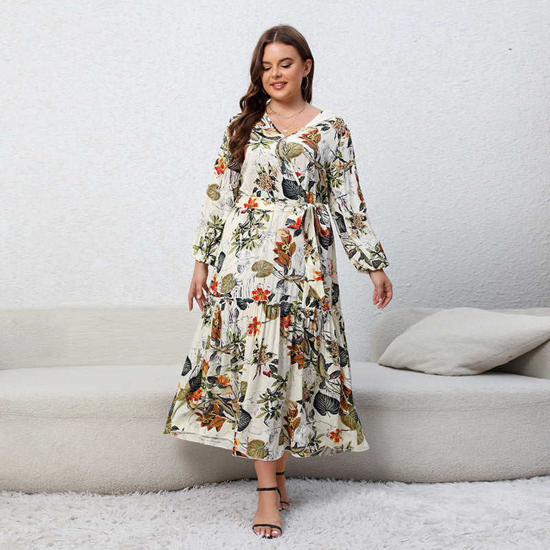 Plus Size Dress Printed V neck Long Sleeve Floral Dress Apricot