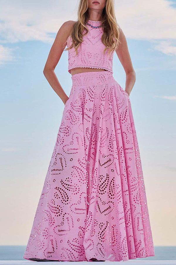 Spring Summer Sleeveless Long Skirt Pocket Set Casual Vacation Loose Two Piece Set Women Pink Set