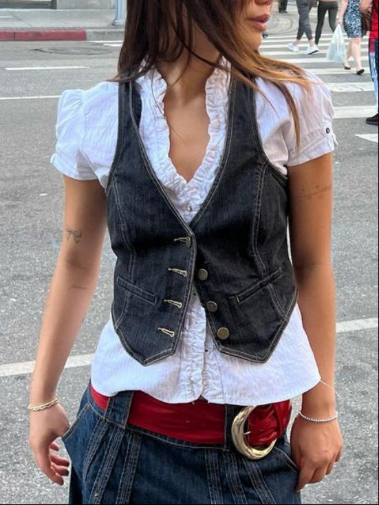 Vintage Dark Denim Vest Black