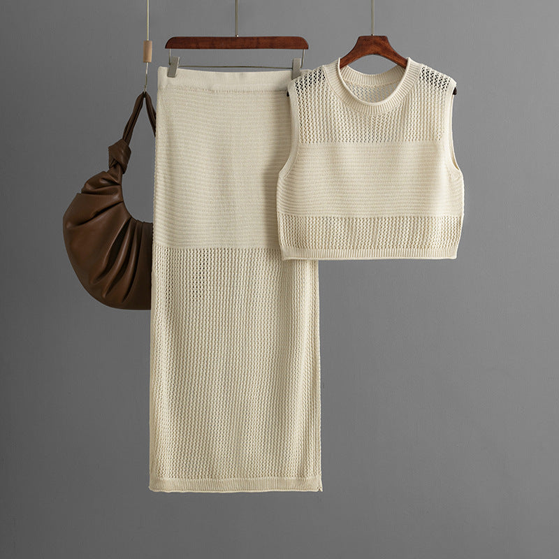Slim Hollow Out Cutout Sleeveless Vest Summer Knitted Slit Skirt Two Piece Set One Size Apricot