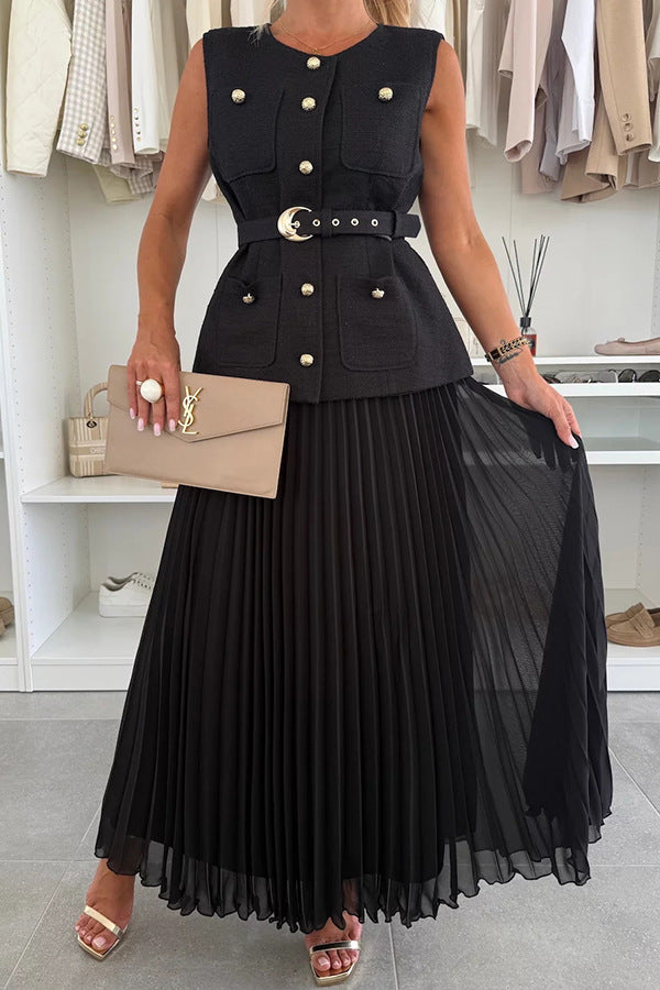 Clidress Camellia Vest & Mesh Pleated Skirt Set