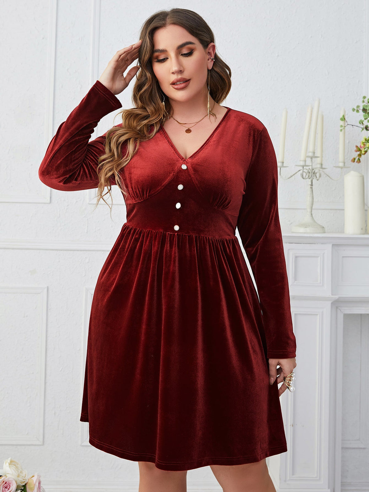 Dark Red V neck High Waist Dress
